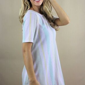 Miss 2 Day Short Sleeve Pockets Textured Olive Stripe T-Shirt Dresses Various Sz